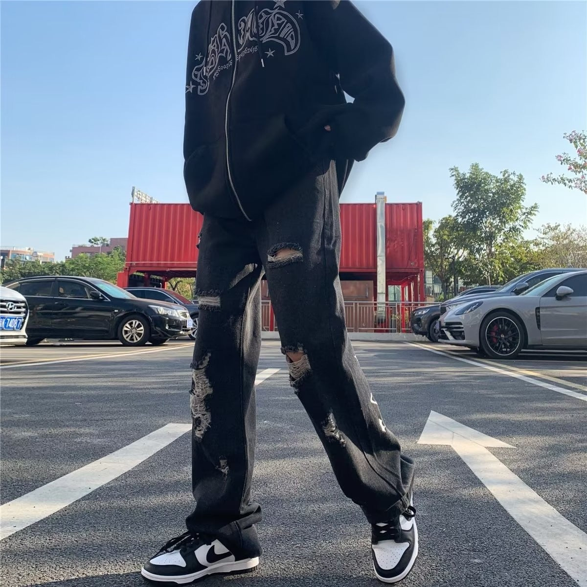 Vibe American Embroidery Letter Hiphop Broken Straight Leg Jeans Men's Fashion ins Loose Pants streetwear pantalon wear  2023