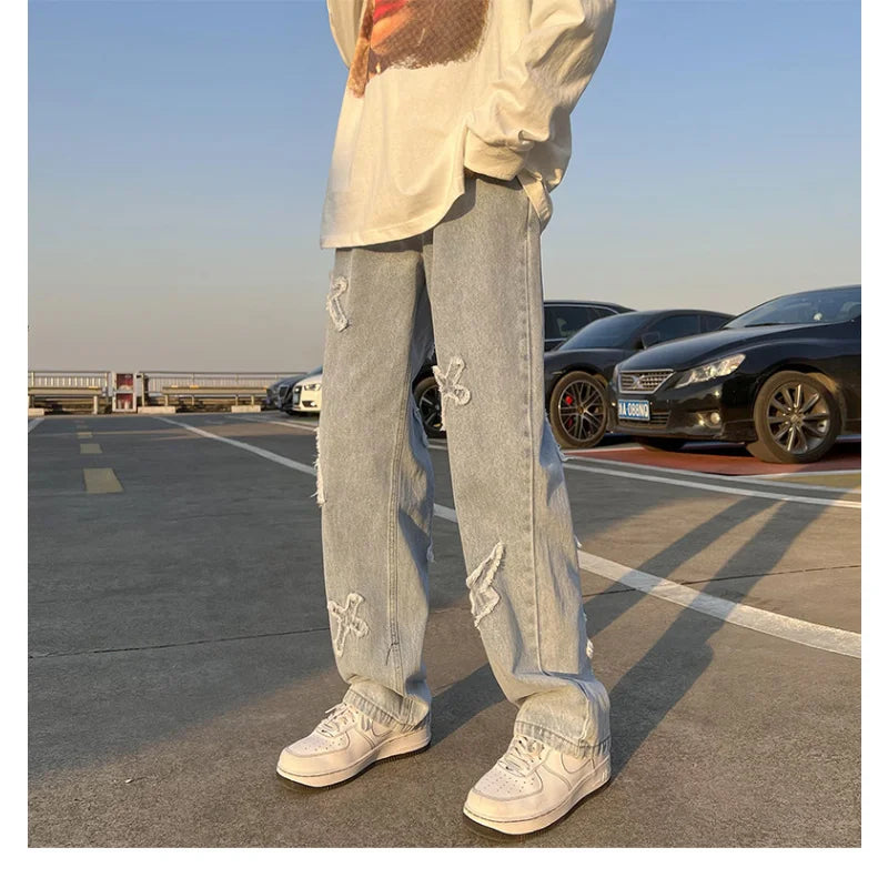 Hip Hop Streetwear Y2k Mens Pants High Street Jeans Baggy Loose Straight Casual Pants Fashion Male Cross Patch New Trousers