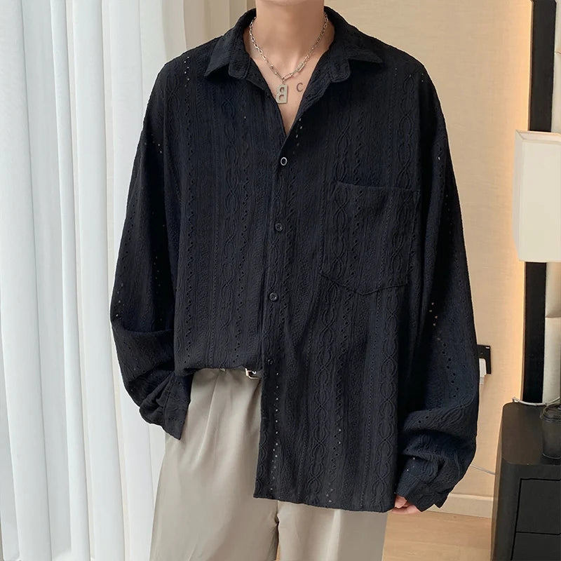 Shirts for Men Hollow Out Lapel Men Blouse Vacation Sexy Handsome Fashion Men Clothing Mesh Long-sleeved Shirts Black/Apricot