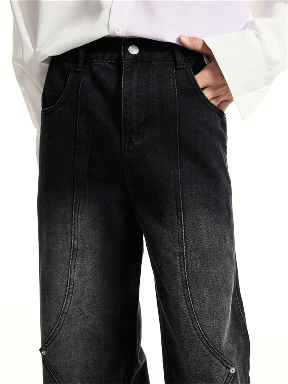 Relay's new Korean version of loose fitting straight mid rise denim jeans with stitching and buckle design for men and