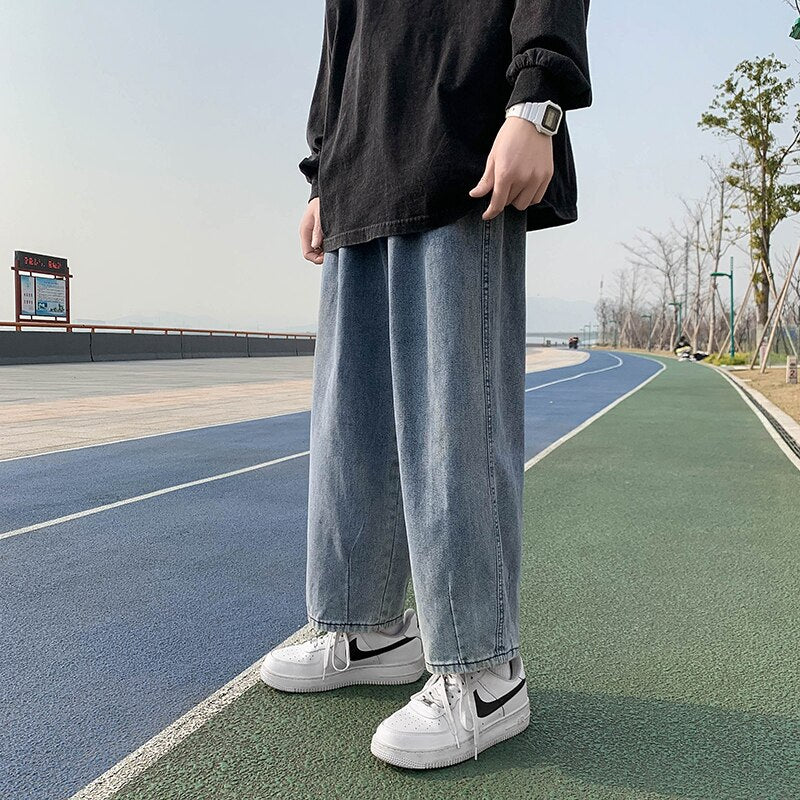 Spring Autumn New Men's Baggy Black Jeans Korean Fashion Elastic Waist Design Straight-leg Denim Pants Male Brand Trousers