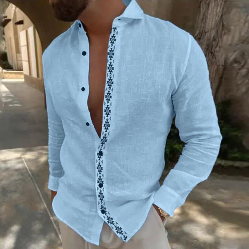 Vintage Graphic Cotton Linen Shirts Men Long Sleeve Lapel Button-up Casual Shirt Spring Summer Fashion Mens Clothes Beach Style