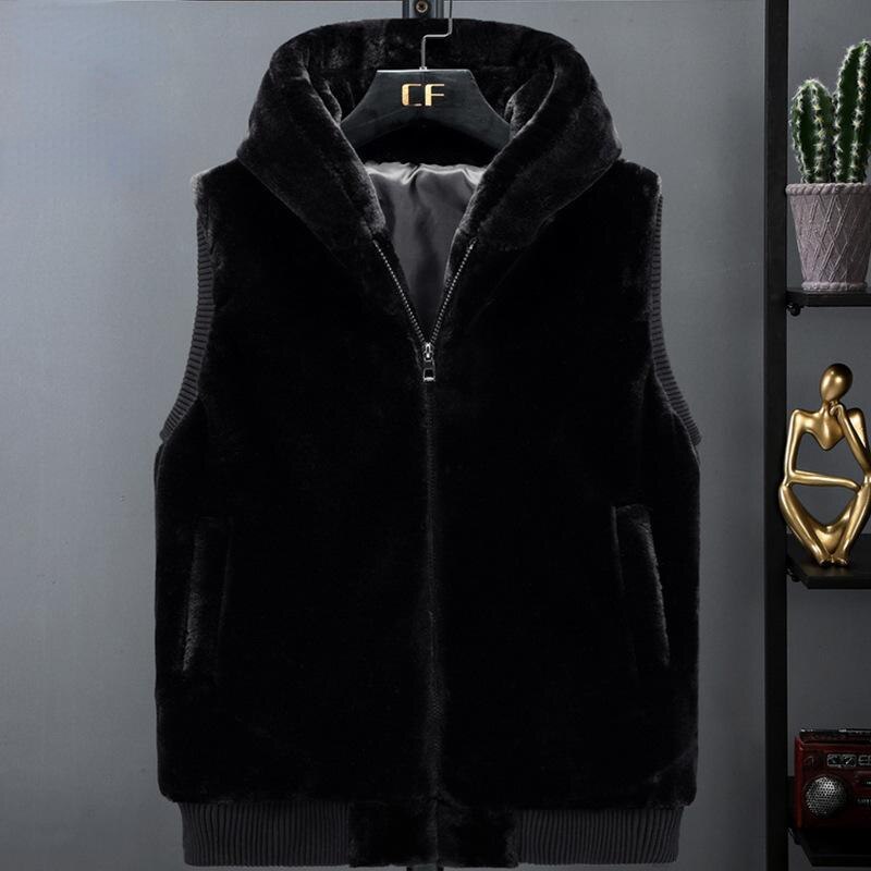 2023 New Sleeveless Jacket Men Hooded Warm Thermal Witnter Faux Fur Vest Male Plush Flannel Coat Fluffy Fleece Waistcoat Autumn