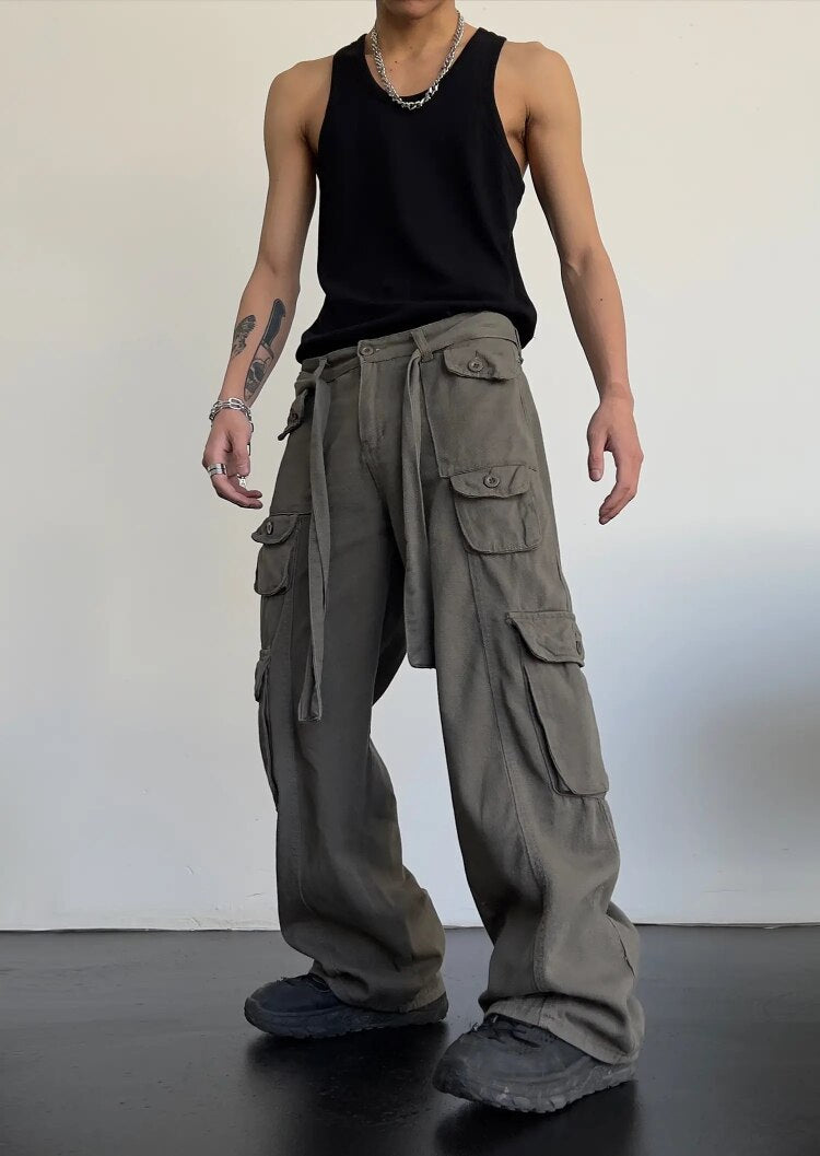 Vintage Cargo Pants Men Large Pocket Loose Straight Trousers Male Classic High Waist Green Black Pants Fashion Spring