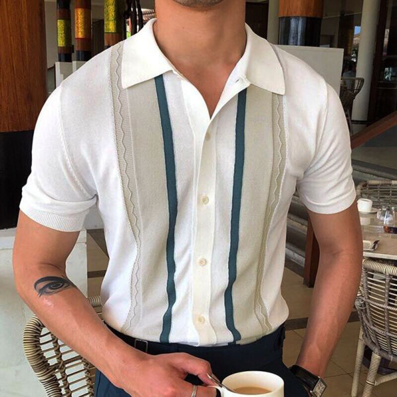 Spring Summer Knit Polo Shirt Men Casual Turn-down Collar Bussiness Fashion Striped Solid Slim Tops Ice Silk Cotton T-shirt