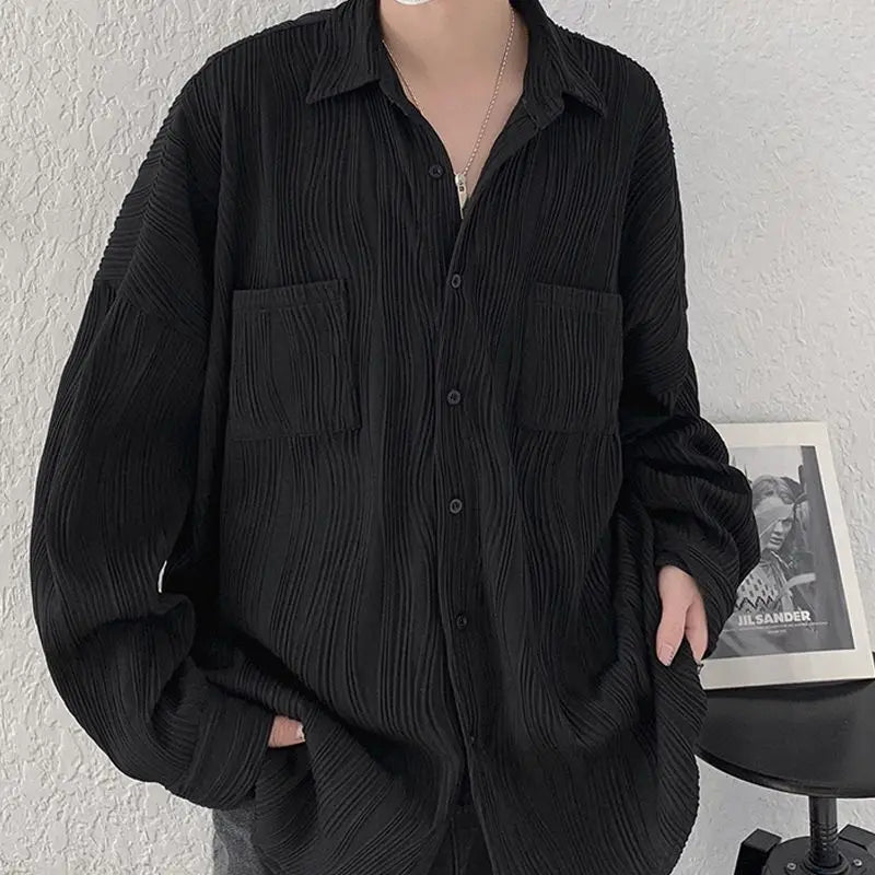 Men's Pleated Plus Size Loose Blouse Spring Autumn New Long Sleeve Polo Neck Solid Color Shirt Tops Fashion Trend Men Clothing