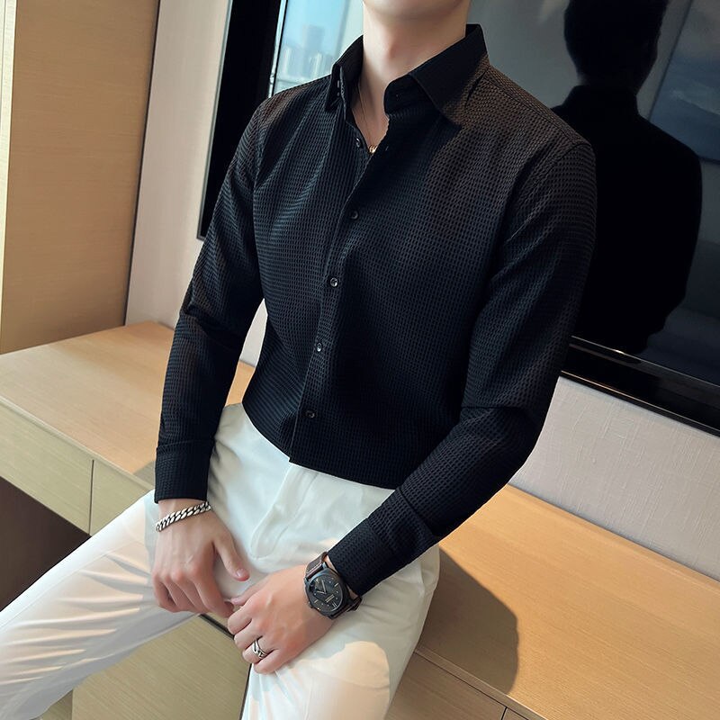 Fashion Lapel Button Solid Color Casual Shirt Men's Clothing  Autumn New All-match Tops Long Sleeve Loose Korean ShirtS