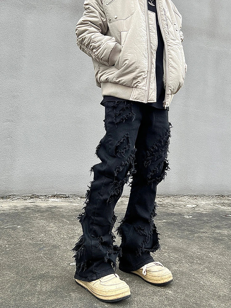 Destroyed Erosion Jeans Men's Ins Fashion Brand ro Pants High Street vibe Broken Straight Barrel Micro Flared Pants