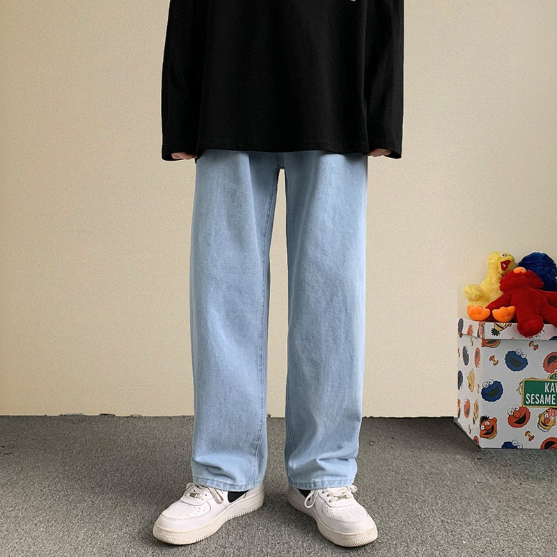 2023 Spring New Streetwear Baggy Jeans Men Korean Fashion Loose Straight Wide Leg Pants Male Brand Clothing Black Light Blue