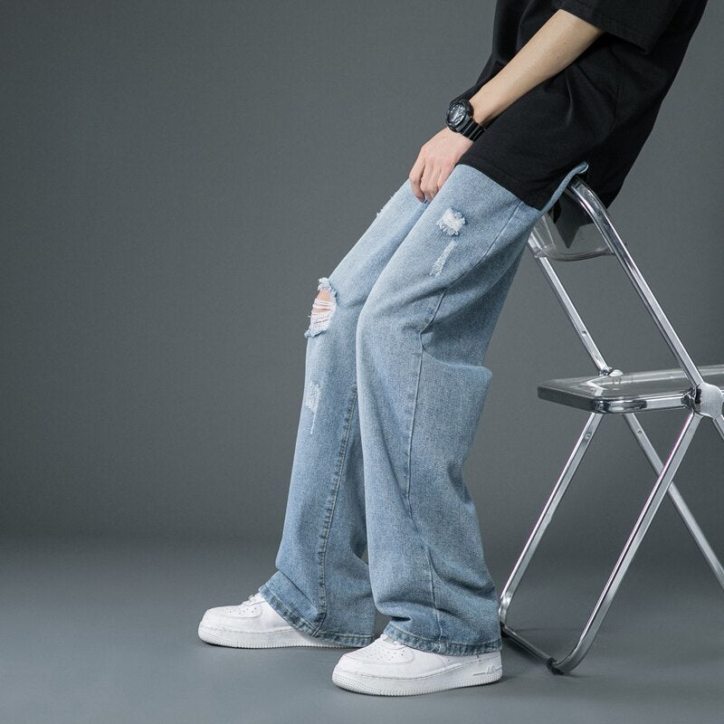 Spring Summer Men's Ripped Wide Leg Jeans Korean Trend Straight Baggy Denim Pants Male Vintage Blue Trousers