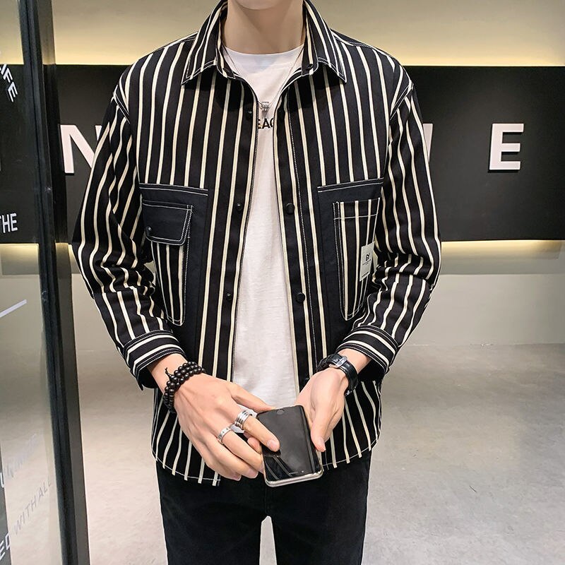 Fashion Lapel Button Spliced Pockets Striped Shirts Men's Clothing 2022 Autumn Loose New Casual Tops Long Sleeve Korean Shirt