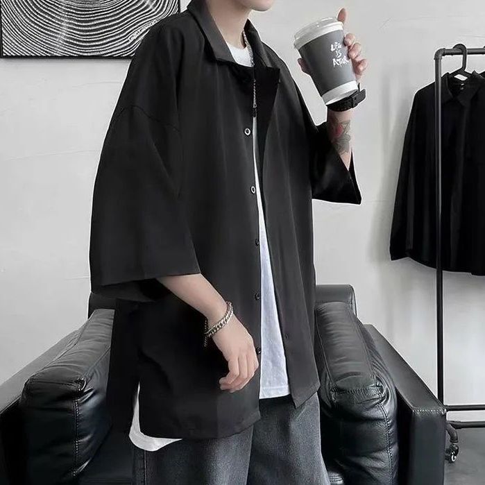 Spring Summer Fashion Men's Solid Casual Loose T-Shirt Cool Trendy Guy Long Sleeve Soft Drape Solid Loose Button