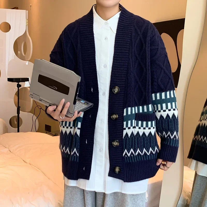 Cardigan Men Retro Harajuku Sweater Winter Fashion Baggy All-match Teens Clothing Thick Winter Knitwear High Street