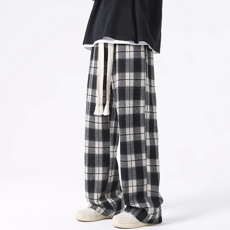 Plus Size Spring Casual Plaid Pants Men Wide Leg Couple Straight Pantalones Harajuku Mopping Oversize 8XL 7XL