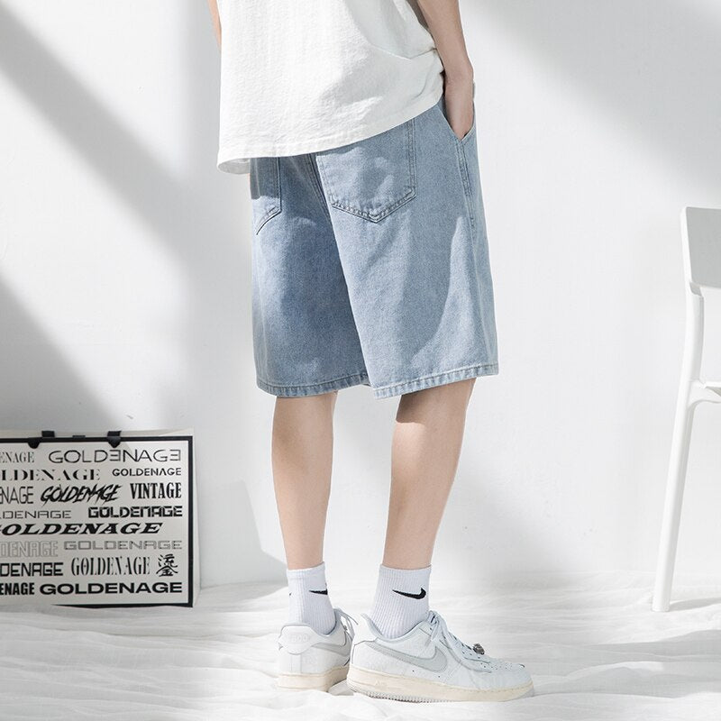 Summer Thin Men's Denim Shorts Baggy Straight Fashion Elastic Waist Light Blue Short Jeans Korean Streetwear Knee Shorts Male