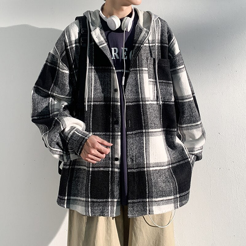 Autumn New College Style Plaid Hooded Jacket Men Loose Fashion Women's Hoodie Woolen Fabric Male Korean Couple Woolen Coat 2023