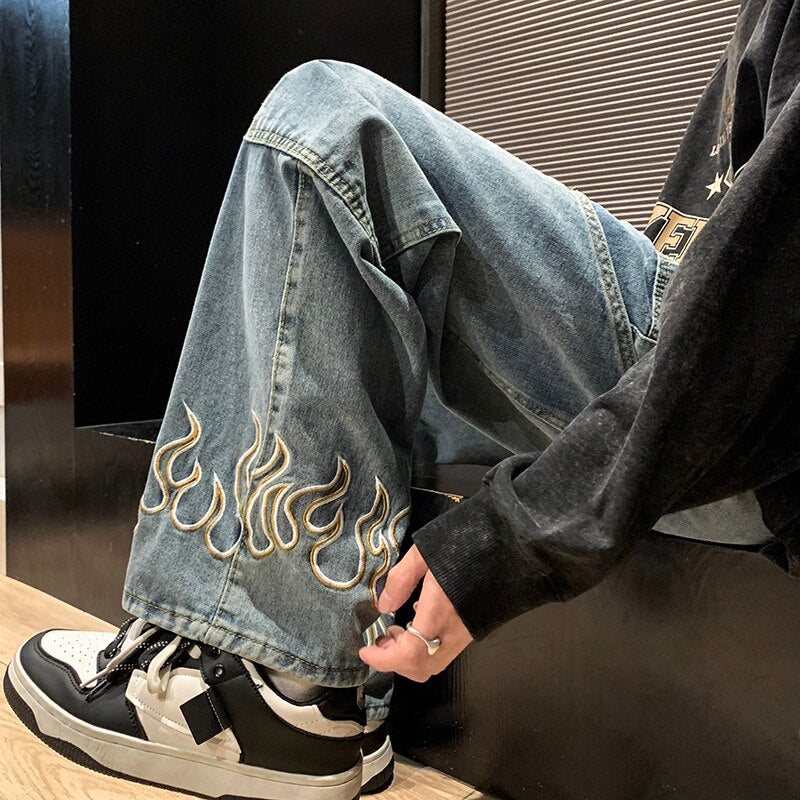 2023 Spring New Personality Embroidery Men's Baggy Jeans Streetwear Loose Straight Denim Trousers Male Brand Clothing