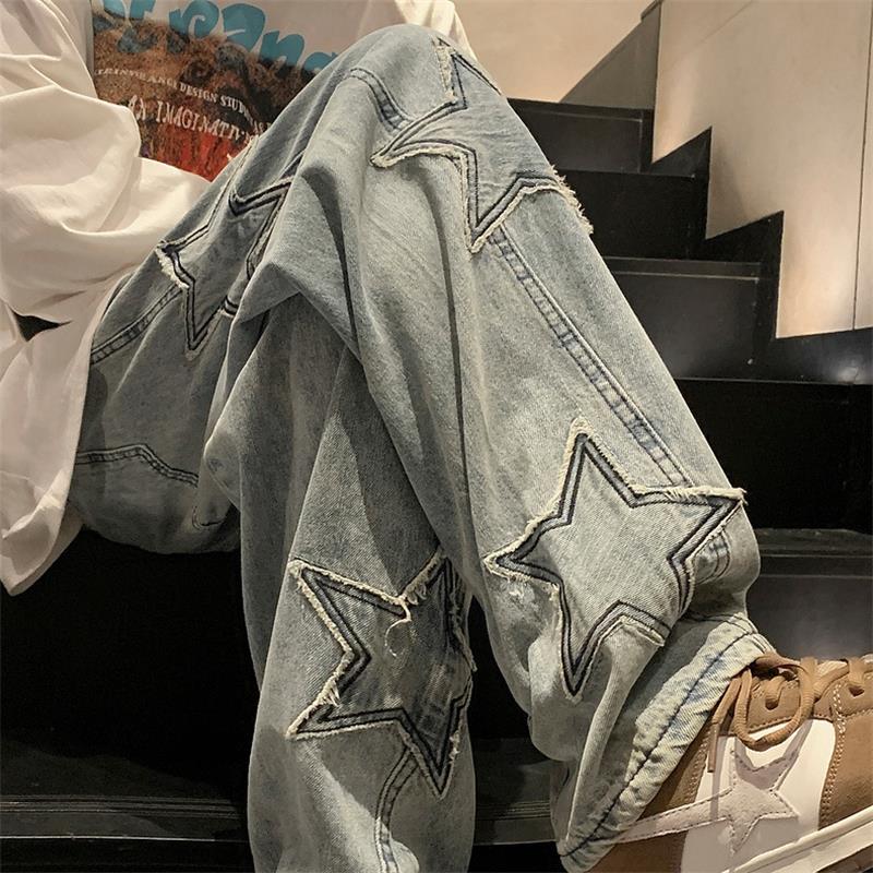 Vintage Star Embroidery Straight Denim Pants Men's Loose Fashion Hip-Hop Jeans New Casual Wide Leg Trousers Harajuku Streetwear