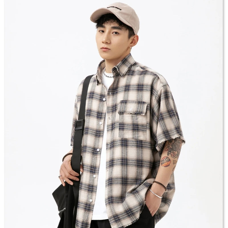 Raw Edge Tassel Destruction Design Short Sleeve Shirt Men and Women Summer Japanese Retro Versatile Loose Plaid Blouse Jacket