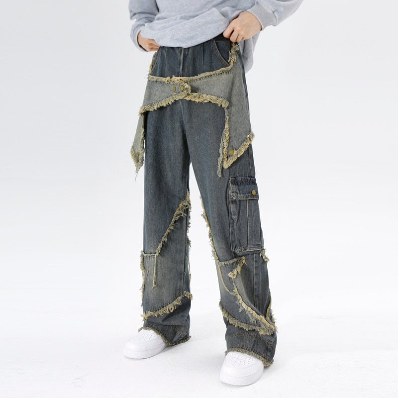 Star embroidered tassel jeans for men's spring and autumn American style ruffian handsome casual street high street vibe style