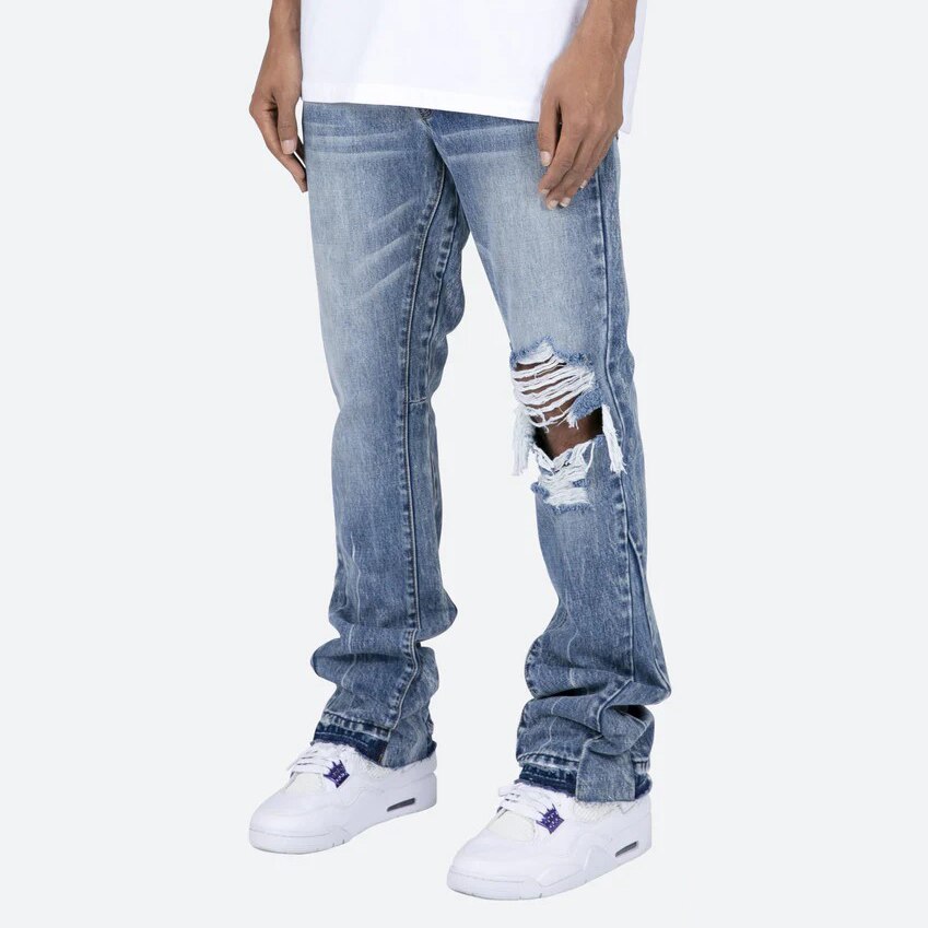 Contrast Color Hole Washed Blue Jeans for Men Streetwear Loose Ripped Flare Pants Frayed Retro Casual Oversized Denim Trousers