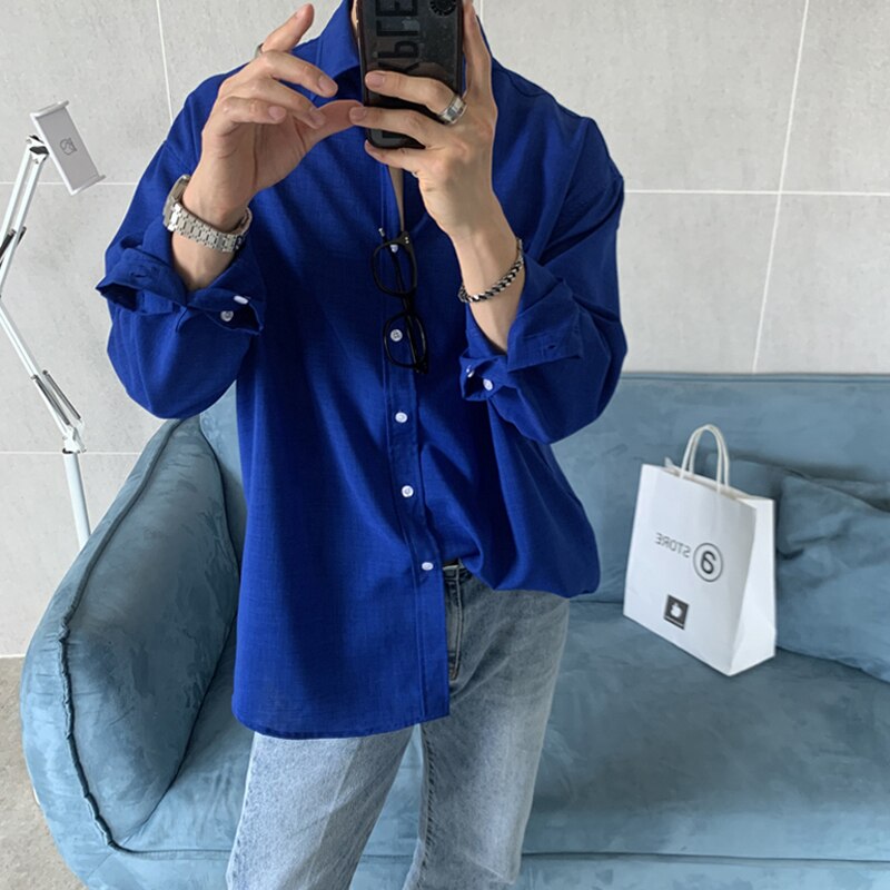 Long shirt New Solid Loose Boyfriend Blouse Korean Shirt Men Gray White Black Turn Down Collar Casual Oversized Shirt Handsome