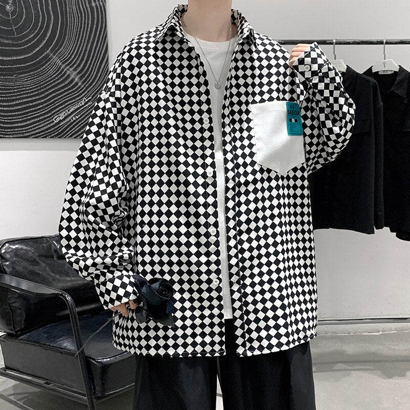 High street ins checkerboard long sleeved shirt men's spring clothes plus fat plus size trendy fat people loose casual coat