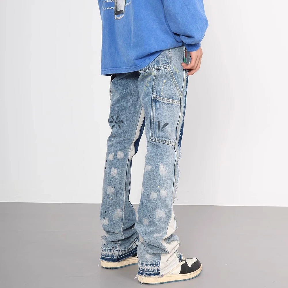 Distressed Splash Ink Flare Jeans Urban Streetwear Patch Mens Graffiti Wide Jean Hip Hop Washed Blue Slim Fit Denim Pants Men