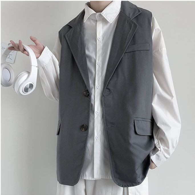 Summer All Season Men's Sloid Casual Loose Office Style Tess Button Vest Jacket Pocket Versatile Sleeveless Suit Vest