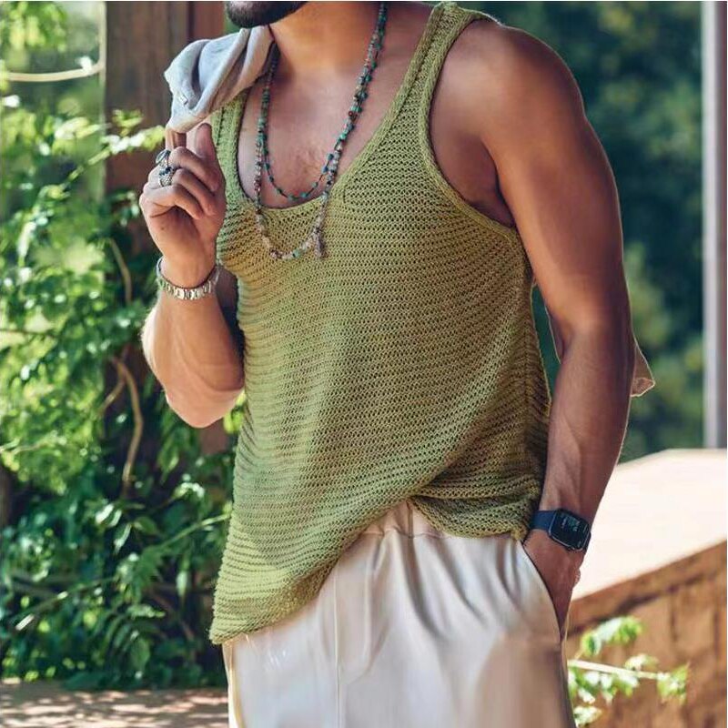 Summer Casual Solid Knitted Tank Tops Men Loose Crew Neck Sleeveless Vest Fashion Mens Clothes Streetwear For Male Knit Pullover