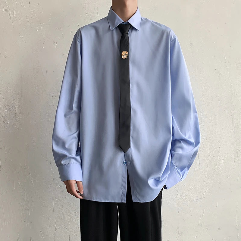 Men's Solid Long Sleeve Casual Shirts Men Clothing Harajuku Blue Shirt Korean Men Loose Office Shirt Streetwear Blouse Men