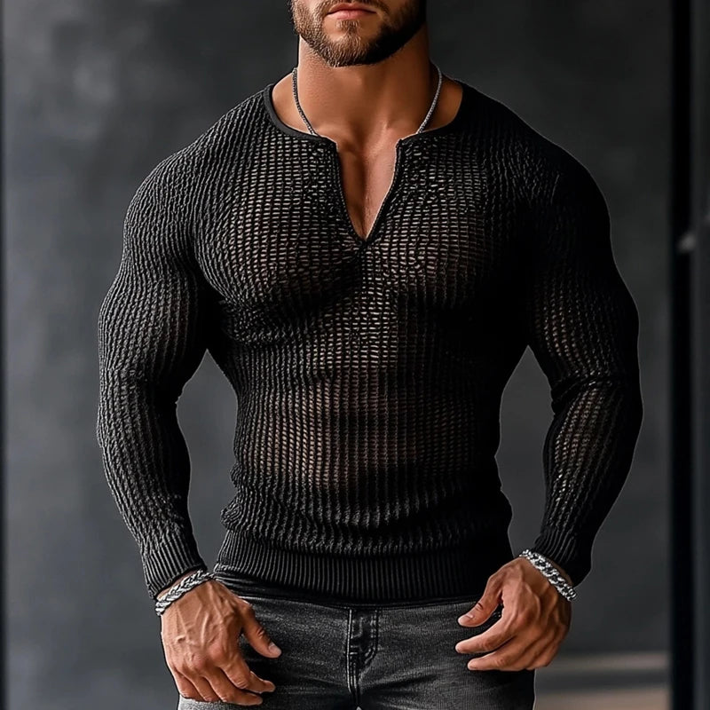 FORUWISH  -  Sexy Mesh Bottoming T Shirts Mens Fashion Hollow Out See Through Pullover Tops Men Spring Autumn Vintage V Neck Long Sleeve Tees