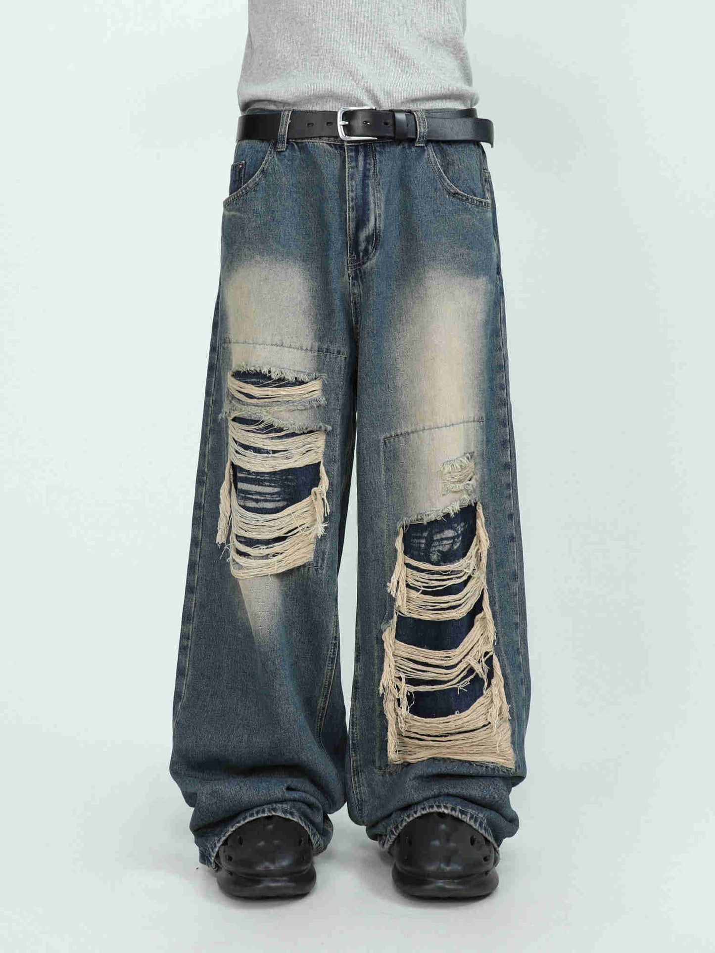 2023 American High end Perforated Denim Pants for Men's Design Sense Small and Loose Wide Leg Straight Leg Pants hiphop