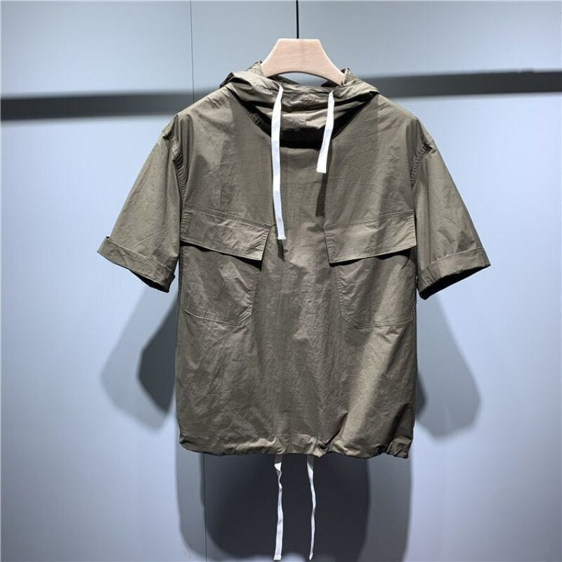 American Summer Safari Pocket Suits Japan Hooded Cargo Shirt Shorts Capris Men Loose Solid Short Sleeve Jacket Punk Streetwear