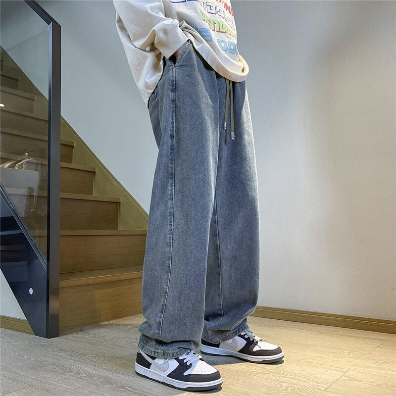 Oversized Men's Baggy Black Jeans Spring New Casual Wide Leg Pants Elastic Waist Korean Fashion Denim Trousers Man Streetwear