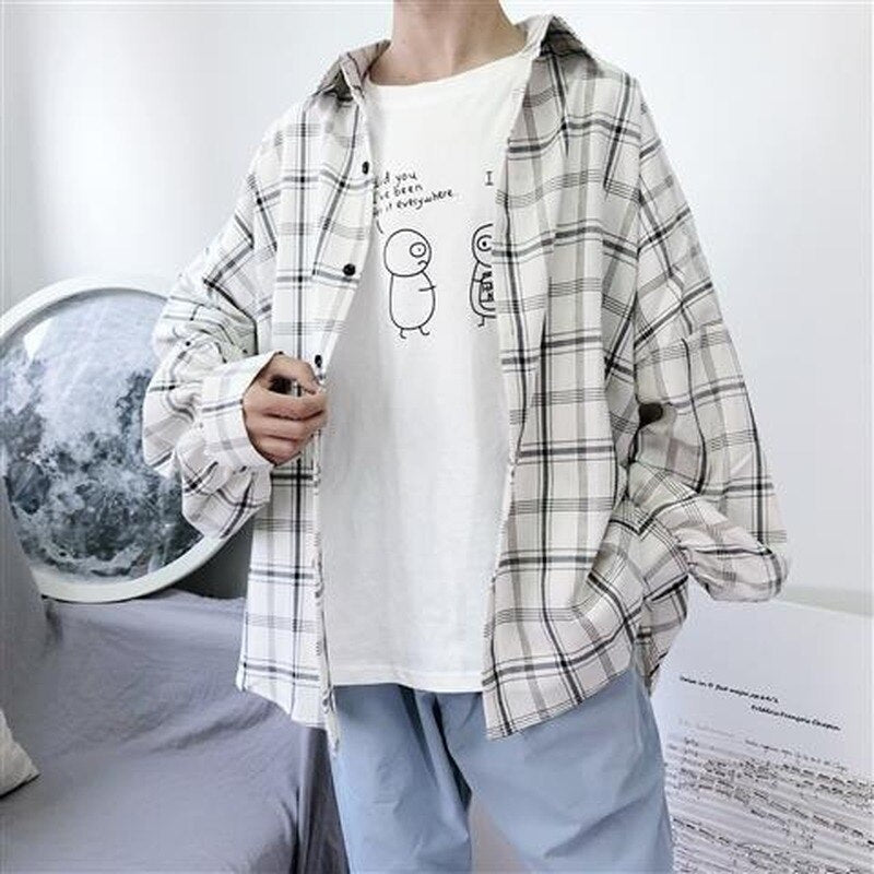 Spring New Style Plaid Shirts Men Women Korean Loose Long Sleeve Blouse Female Casual Button Up Tops for Teen