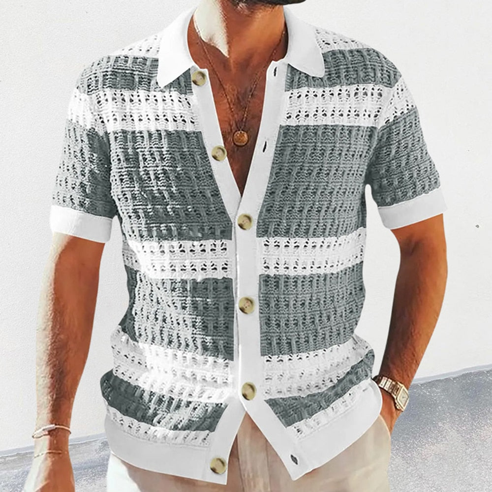 Casual Elegant Contrast Color Knitted Short-sleeved Shirt Men's Summer Slim Single-breasted Color Matching Hollow Lapel Top