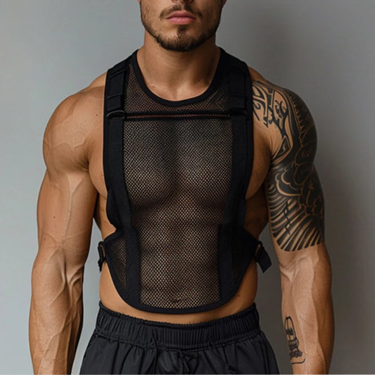 Sexy See Through Mesh Vest Mens Muscle Fitness Breathable Lace-up Tank Tops Men Spring Summer Fashion Sleeveless Slim Camisoles