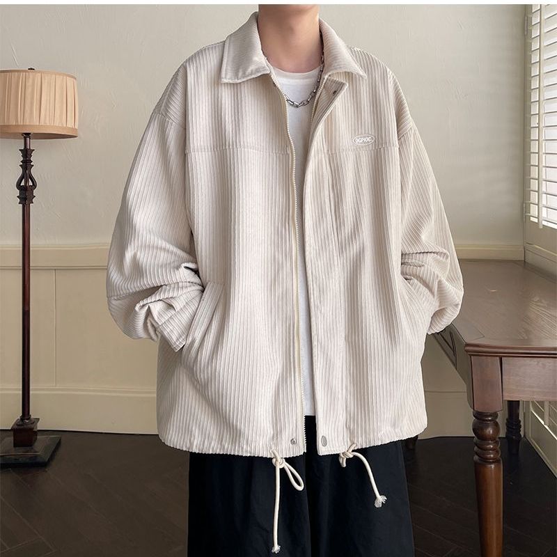 Spring Fashion Men's Casual T-Shirt Loose Soft Versatile Tops Zipper Corduroy Jacket Coat Cool Boys Solid Printi Drawstring