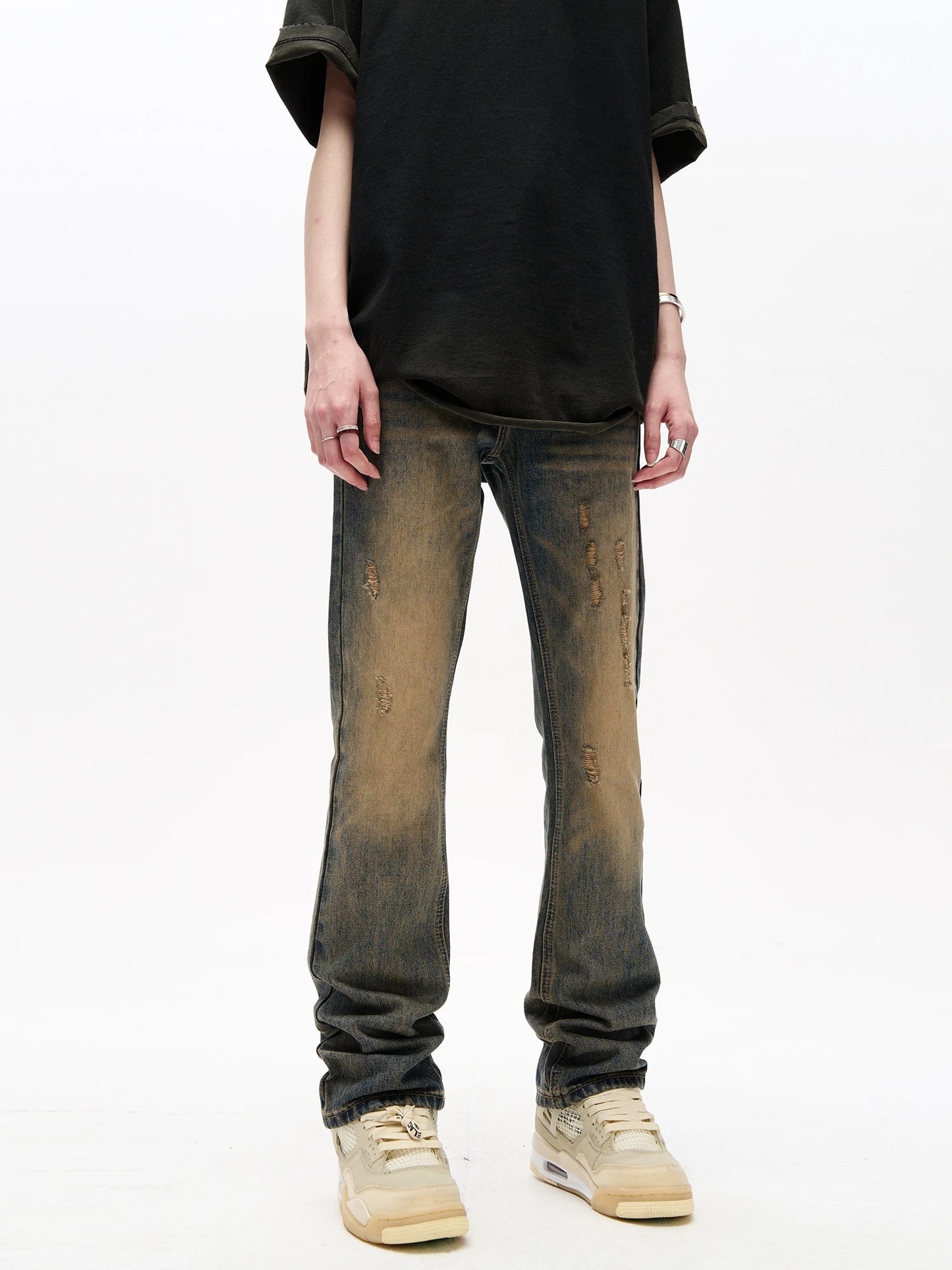 American Vibe Yellow Mud Dyed High Street Distressed Jeans for Men's Ins Trendy Slim Fitting Straight Tube Casual Long Pants