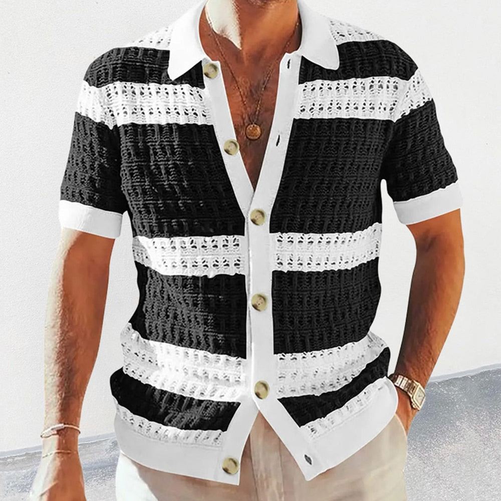 Casual Elegant Contrast Color Knitted Short-sleeved Shirt Men's Summer Slim Single-breasted Color Matching Hollow Lapel Top