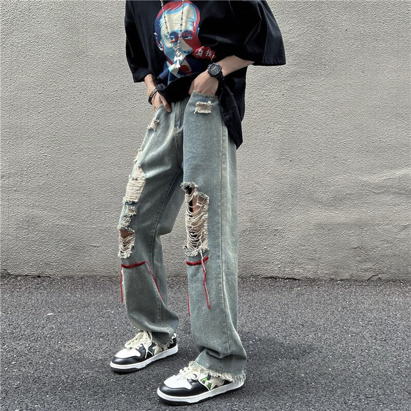 2023 Street high Street pants ins trendy embroidered worn-out hole denim jeans men men's beggar floor mop pants streetwear New