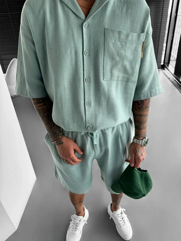 Streetwear Vintage Mens Shirts Two Piece Outfits Fashion Solid Color Suits Loose Pocket Short Sleeve Shirt And Shorts Men Sets