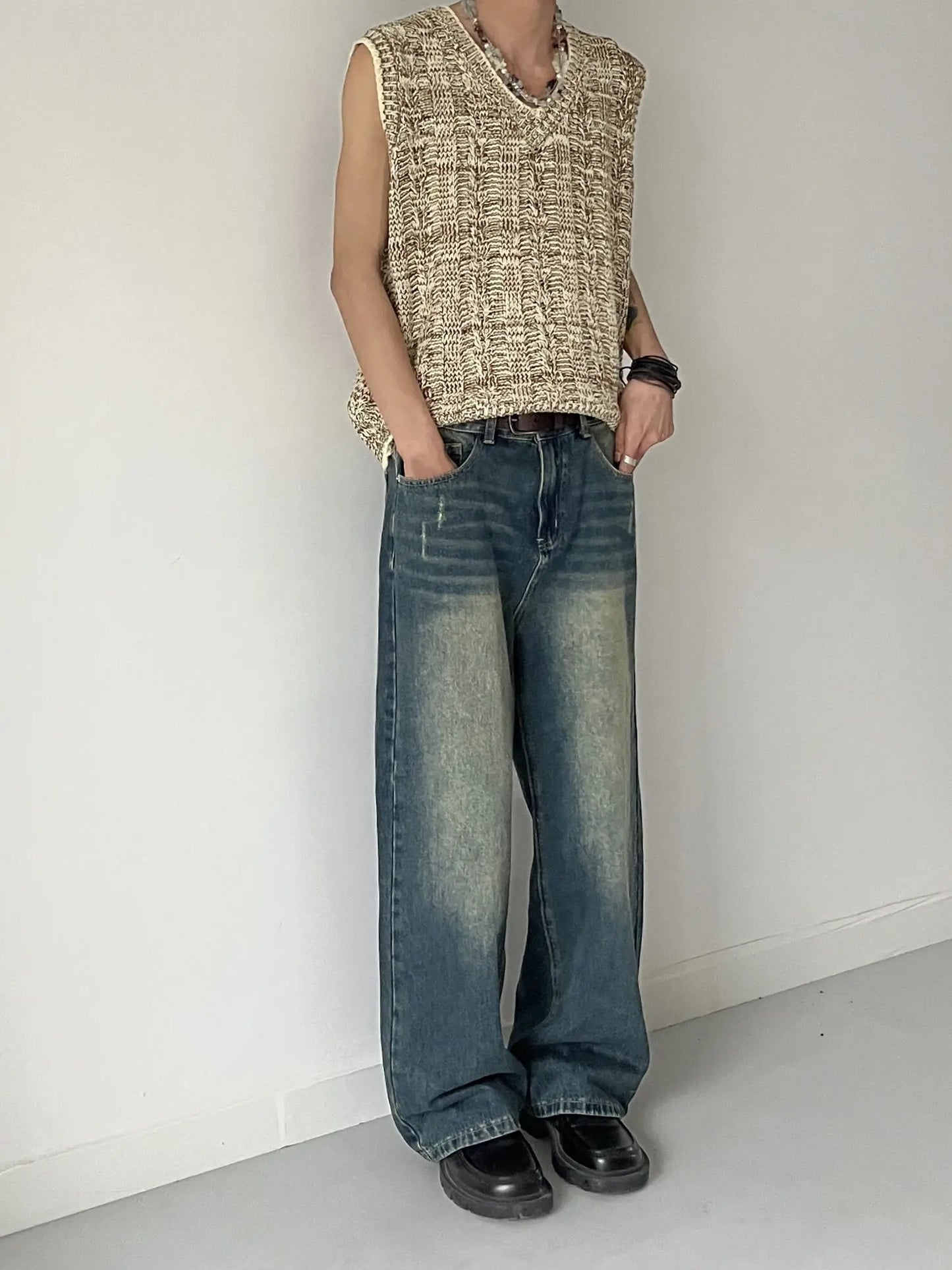 LIMITED LESS Washable Old Cat Beard Worn Loose Wide Leg Versatile Jeans and Pants for Men and Women