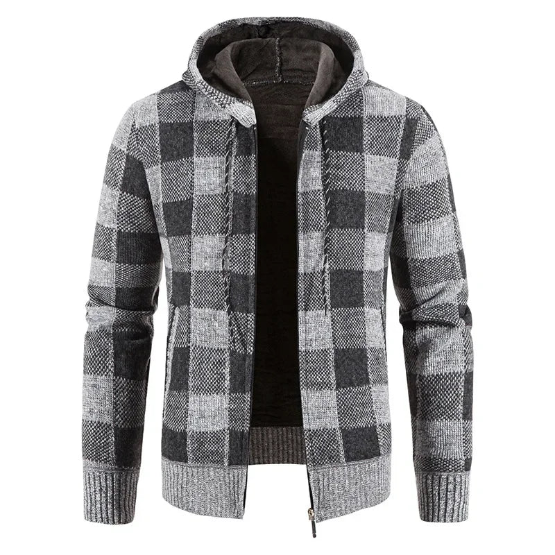 FORUWISH  -  Autumn Men's Plaid Fleece-Lined Hooded Warm Sweater Casual Scenario Logo Printable Other Material China Mainland Origin