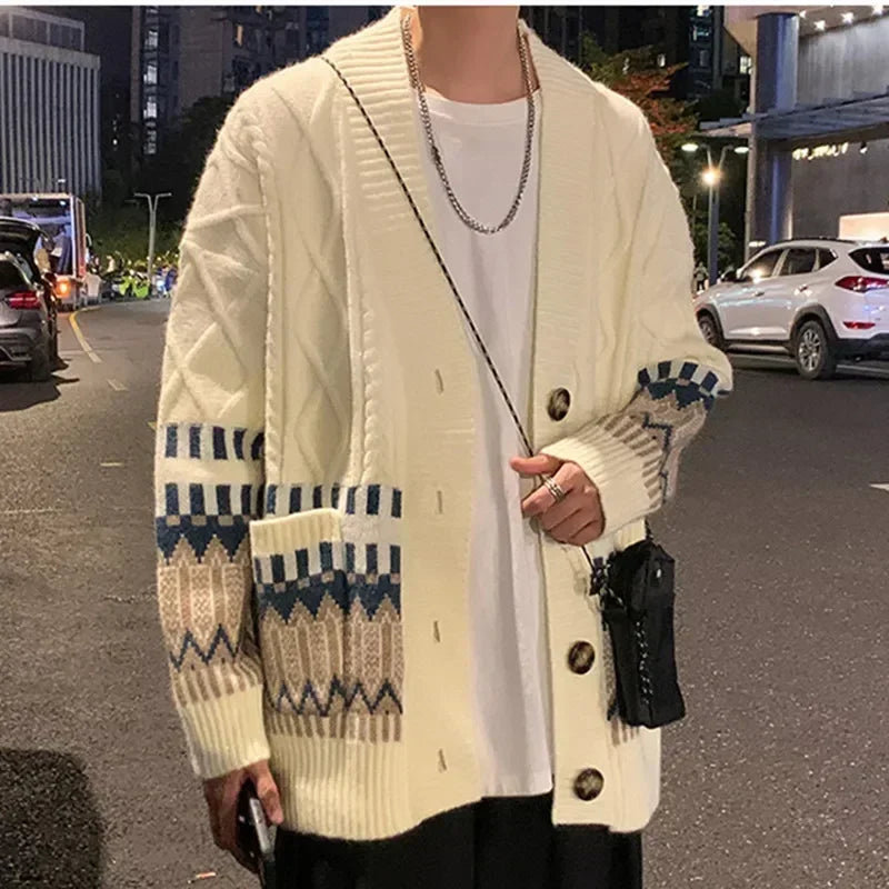 Cardigan Men Retro Harajuku Sweater Winter Fashion Baggy All-match Teens Clothing Thick Winter Knitwear High Street
