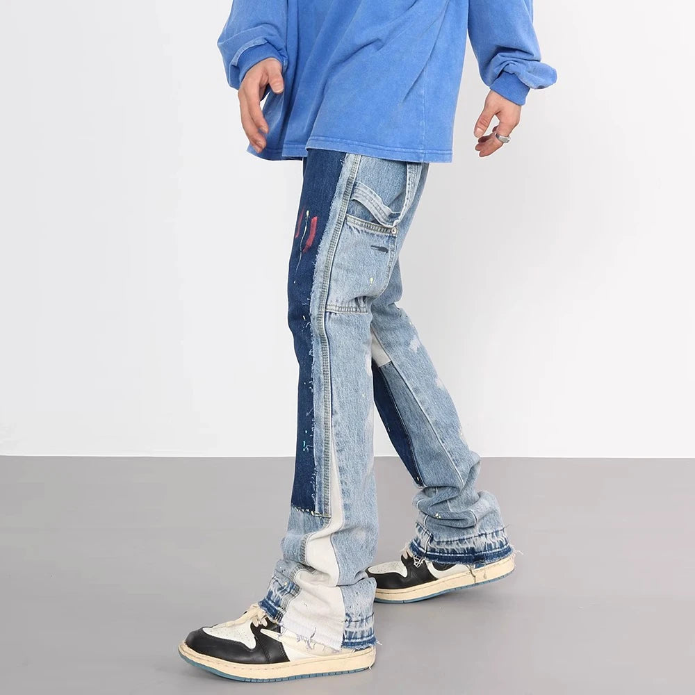 Distressed Splash Ink Flare Jeans Urban Streetwear Patch Mens Graffiti Wide Jean Hip Hop Washed Blue Slim Fit Denim Pants Men