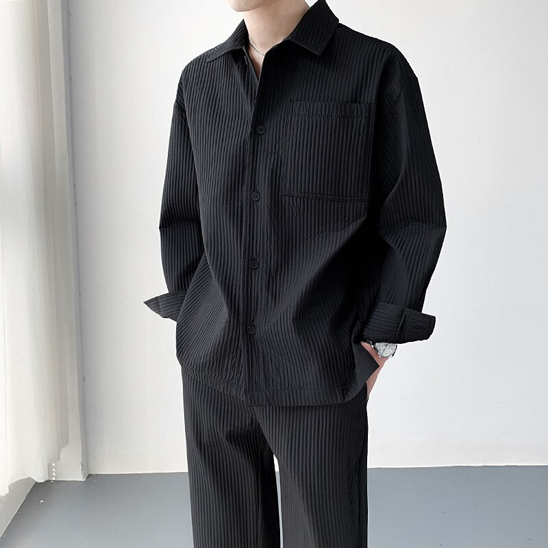 Spring Pleated Set Men Slim Fit Fashion Long Sleeve Shirt/Pants Two Piece Men Korean Casual Set Mens Solid Color Dress Set M-2XL