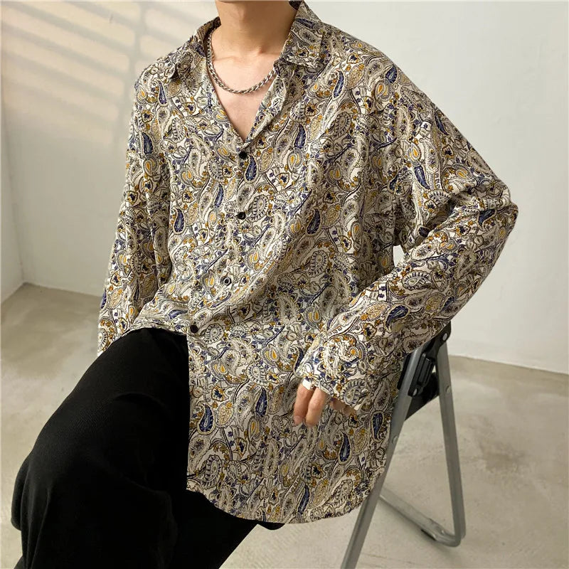 2024 Spring Autumn New Cashew Flower Print Long-sleeved Shirt Korean style Loose Casual Tee Tops Men All-Match Blouse