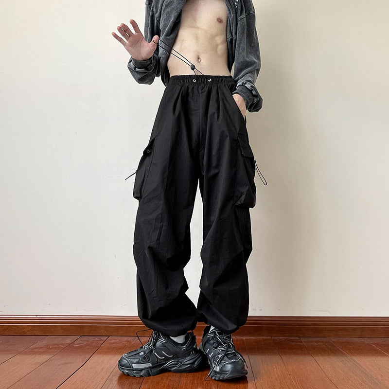 Black samurai men's pants oversize pants high street fashion plush knickerbockers American straight charging overalls